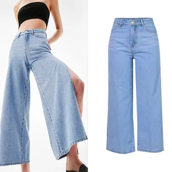 

Sexy Split Jeans Woman Vintage Ankle-Length High Waist Pants Casual Denim Wide Leg Pants