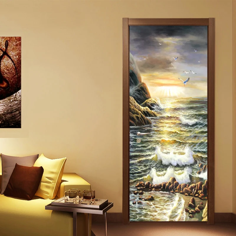 

European Style Sea Oil Painting Landscape Photo Murals Wallpaper Living Room Bedroom Creative DIY Door Sticker PVC Wall Paper 3D