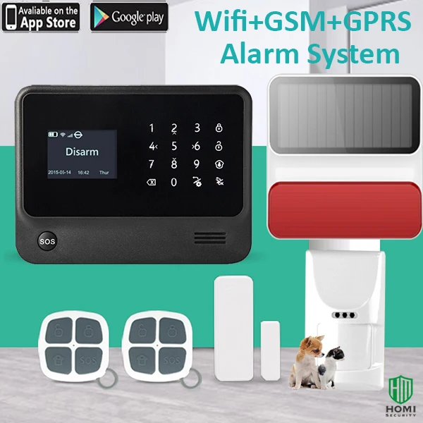 

Two speakers 120db solar power alarm strobe siren G90B PLUS wifi home garden security with pet-immune PIR motion detctor