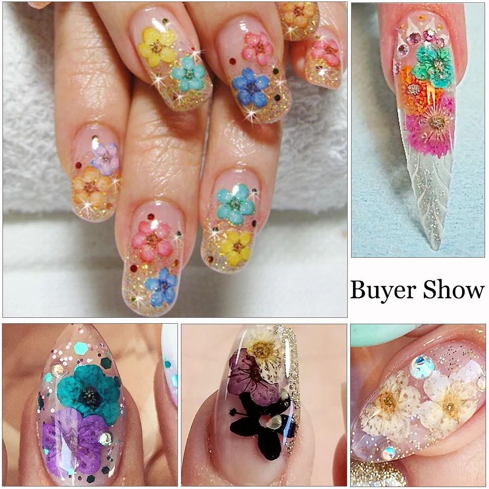 24 вида, настоящие 3D сухие цветы, украшения для ногтей, летние модные акриловые натуральные Цветочные наклейки для самостоятельного дизайна ногтей TR1559