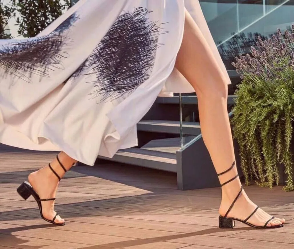 

Hanbaidi Rhinestone Snake Ankle Strappy Gladiator Sandals Woman Open Toe Jewellery Chunky High Heels Women Party Wedding Shoes