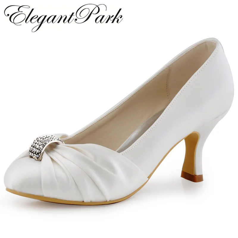 

White Ivory Shoes Woman Shoes Mid Heel Rhinestone Pumps Satin Lady Evening prom pumps women Wedding Bridal Shoes HC1526 Ivory