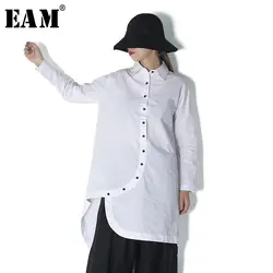 [EAM] 2019 Весенняя мода Новый Turn-Down воротник нерегулярные Кнопка стежка краткое свободные длинные большой размер рубашка женская блузка