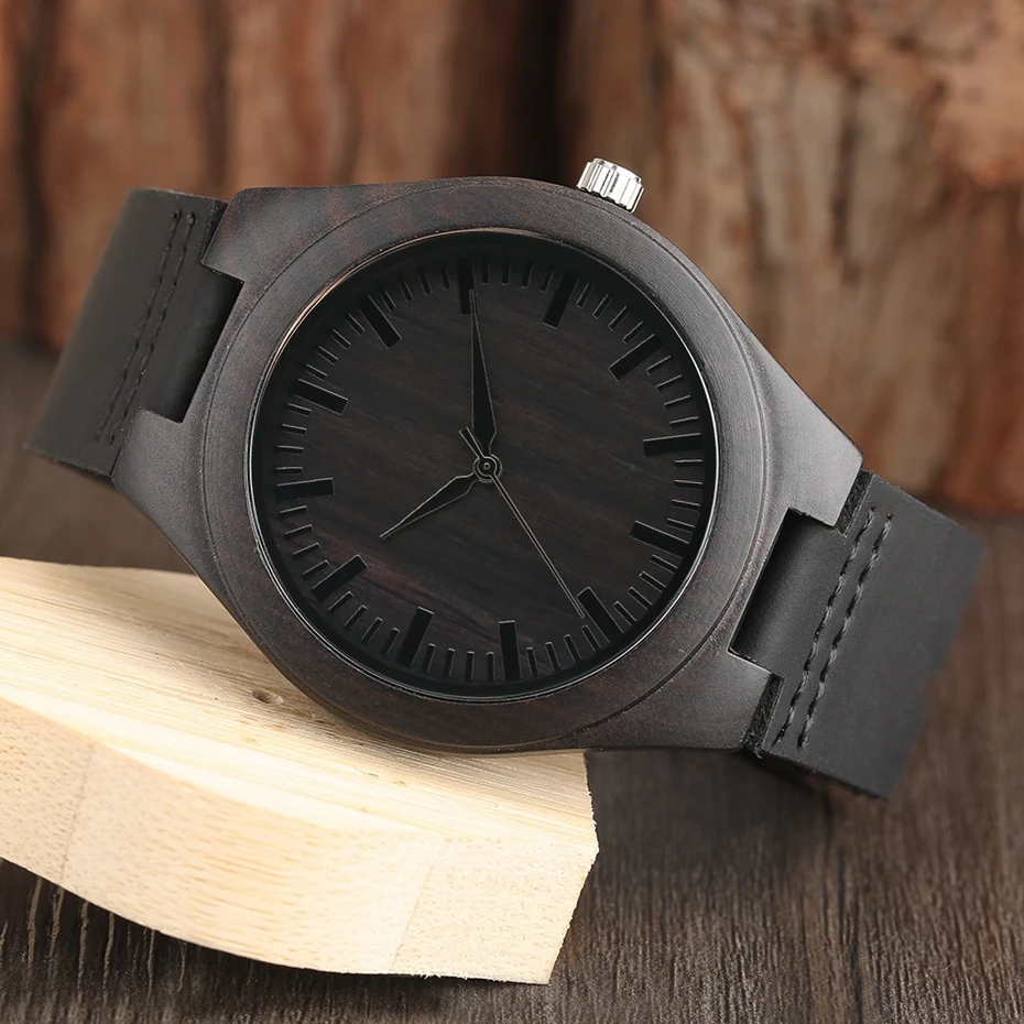 Unique Full Black Men's Ebony Wood Watch Luxury Gifts Light Bamboo Analog Quartz Wristwatch with Genuine Leather Reloj de madera 2017 2018 Christmas Gifts for Men (9)