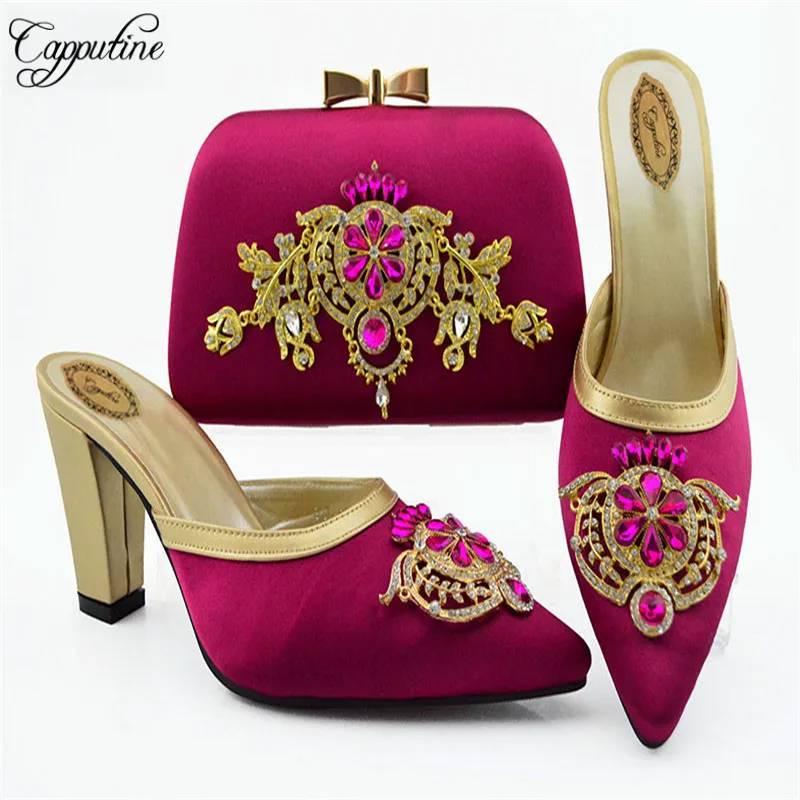 Fashion Elegant Rhinestone Woman Shoes And Matching Bags Set Size 38-43 Italy Style High Heel Shoes And Bags For Wedding SL009