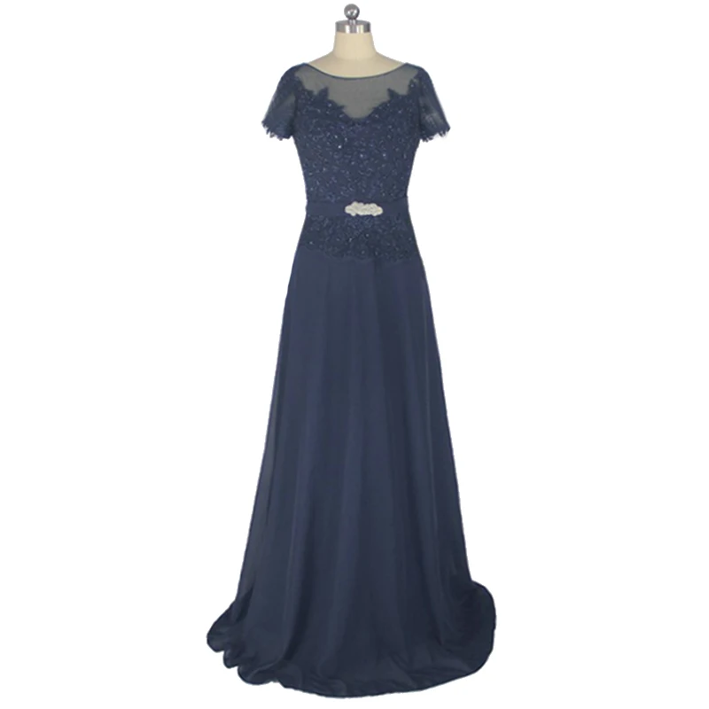 Short Sleeve A-line Cap Sleeve Lace Chiffon Navy Blue Long Evening Mother Of The Bride Dress