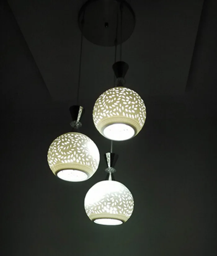 

Modern White Through-Carved Ceramic E27*3 Bulbs LED Chandelier for Bedroom Dining-room Table Lamp Indoor Lighting
