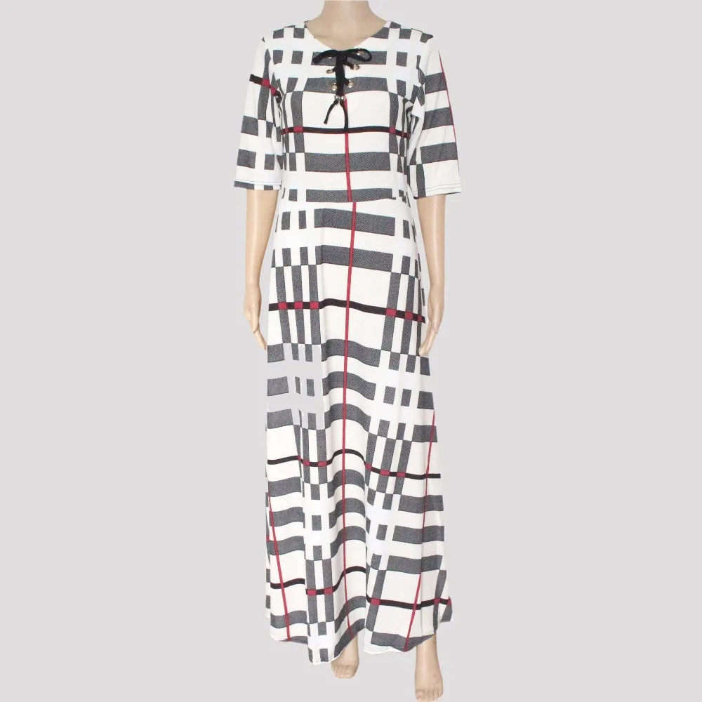 

Tilapia New arrivals summer fashion women dress plaid print maxi long femme vestidos half sleeve ankara style dress