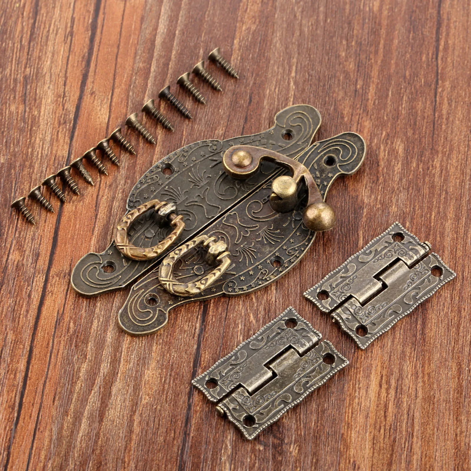 2Pcs Antique Bronze Cabinet Hinges +Jewelry Wooden Box Case Toggle Hasp Latch Furniture Accessories Vintage Hardware