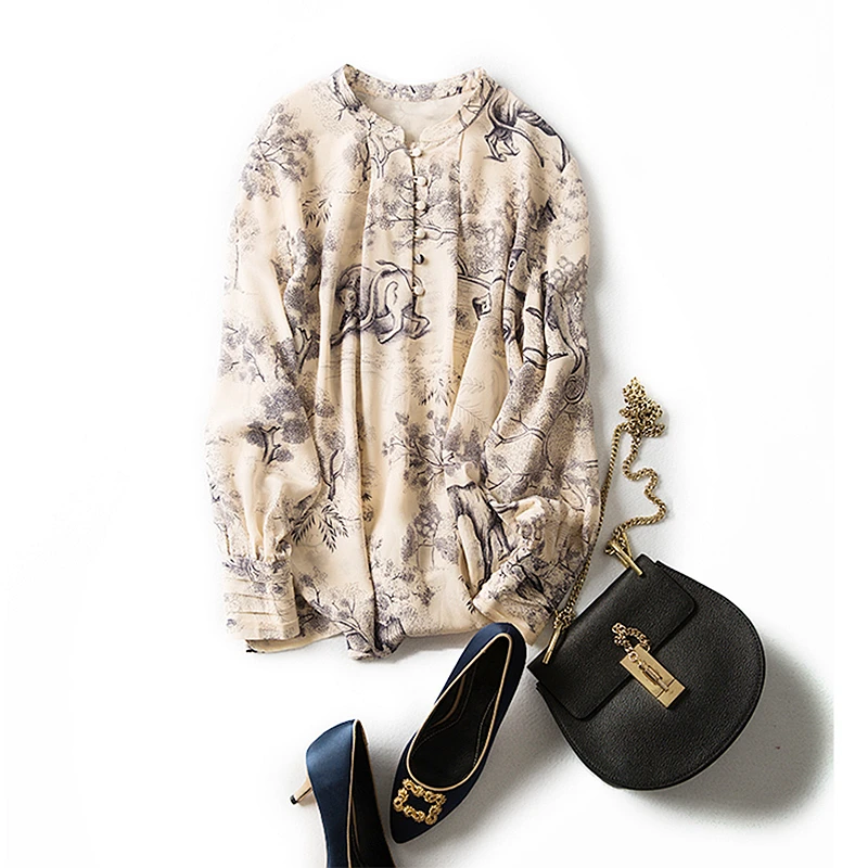 100% Silk Blouse Women Plus Sizes Shirt Vintage Printed Button O Neck Long Sleeve Pullover Top New