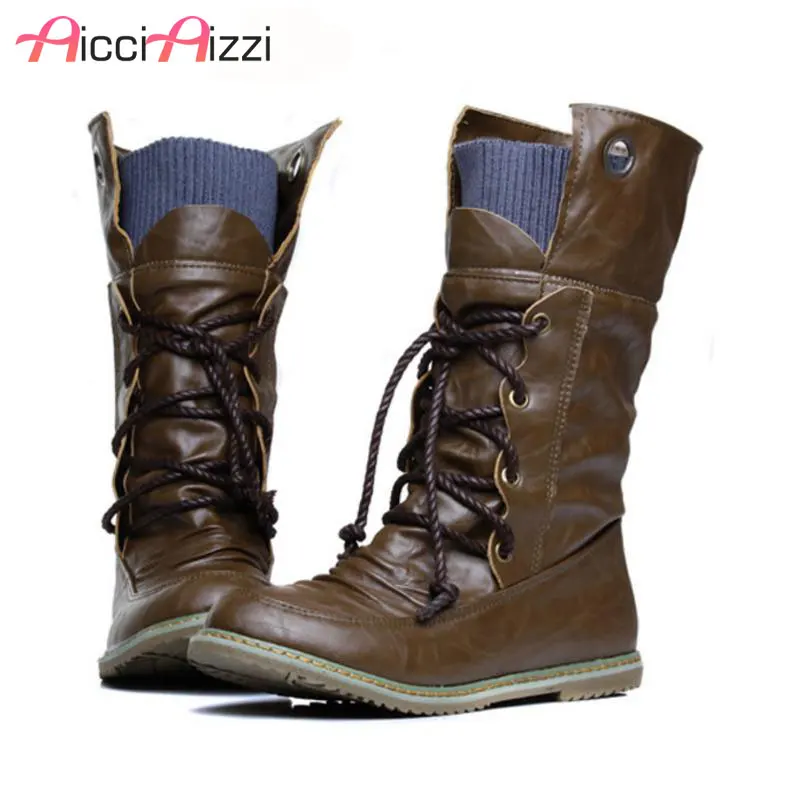 

Plus Size 32-52 Vintage Motorcycle Ankle Boots For Women Winter Autumn Snow Boots Leather Flats Motorcycle Boots Shoes