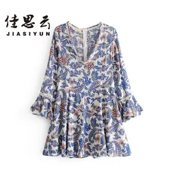 Jiasiyun Для женщин Цветочный принт платье осень-весна V Средства ухода за кожей шеи платье длинными расклешенными рукавами Повседневная