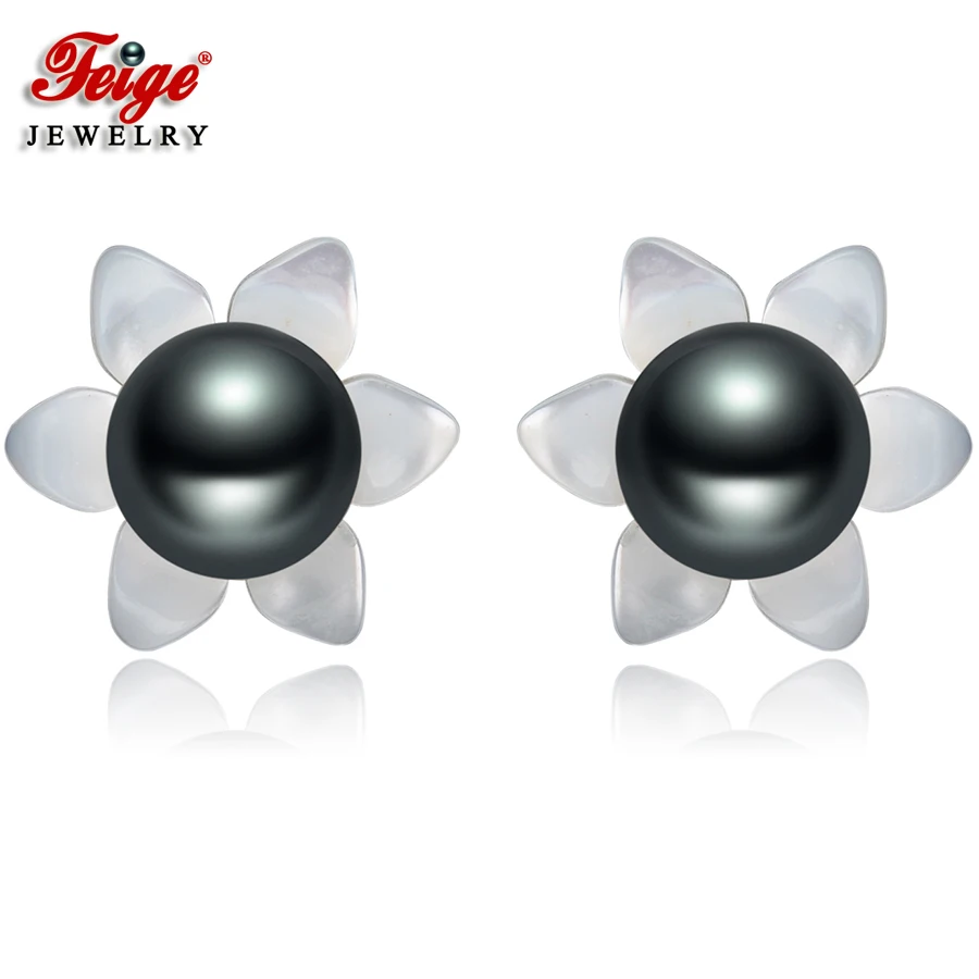 

FEIGE 6-7mm Black Freshwater Pearls Real 925 Sterling Silver Earring For Women's Exclusive Design Shell Carvings Fine Jewelry