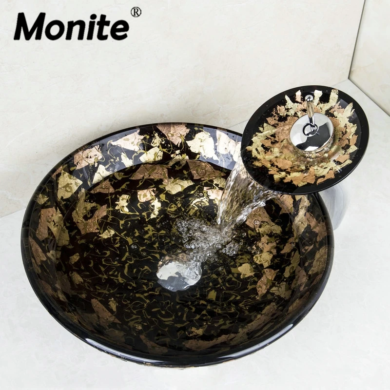 

Monite Handle Wash basin Tempered Glass Hand-Painted Bowl Tap Lavatory Bathroom Sink Bath Brass Faucets Mixer Tap Set
