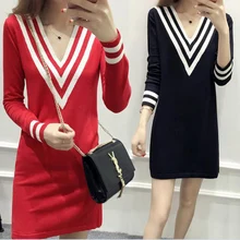 Women Sexy Loose Sweater Jumper Long Sleeve Knitted Pullover Stripe Edge Deep V Neckline Black Red long Knit dress sweater Women Sexy Loose Sweater Jumper Long Sleeve Knitted Pullover Stripe Edge Deep V Neckline Black Red long Knit dress sweater