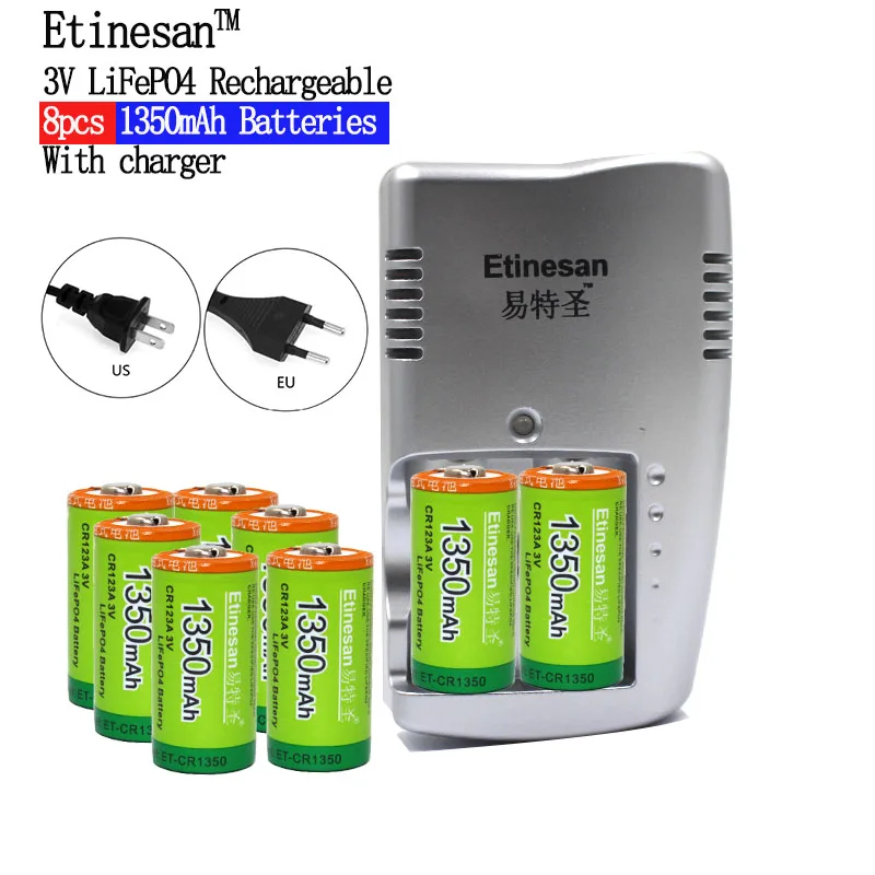 

8PCS Etinesan 3v LiFePO4 CR123A Rechargeable Batteries 1350mAh 3.0v 16340 Lithium Battery + 2 slots Cr123a Battery Charger