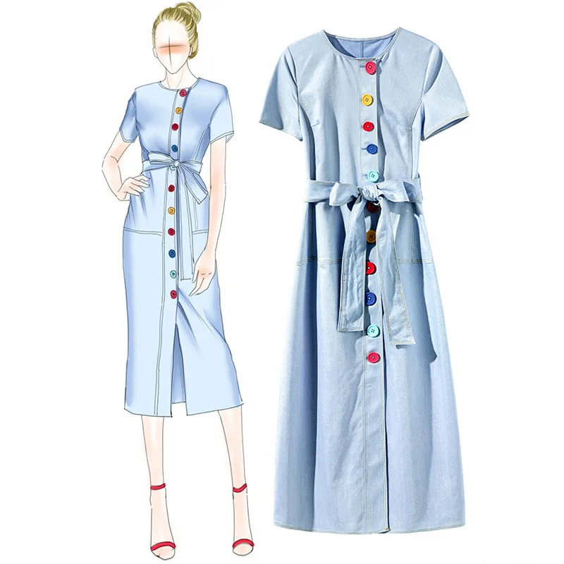 

Spring women's belt denim dress Fashion short sleeves buttons dress A061