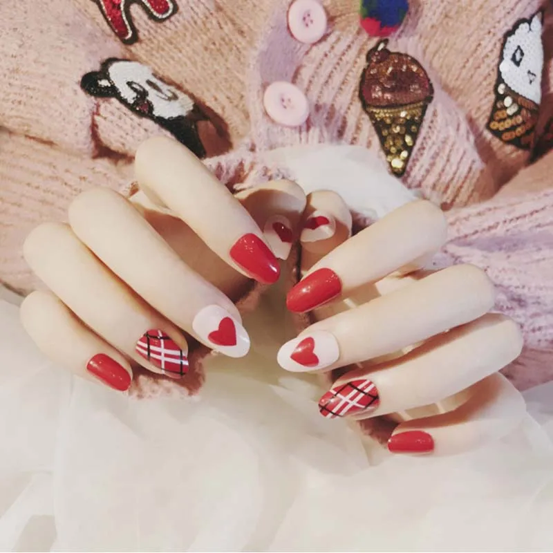

24PCS Fashion Red White Color Fake Nails Heart Shape Printing Lattice Line Full Cover Artificial Nail Tips with Glue Long Design