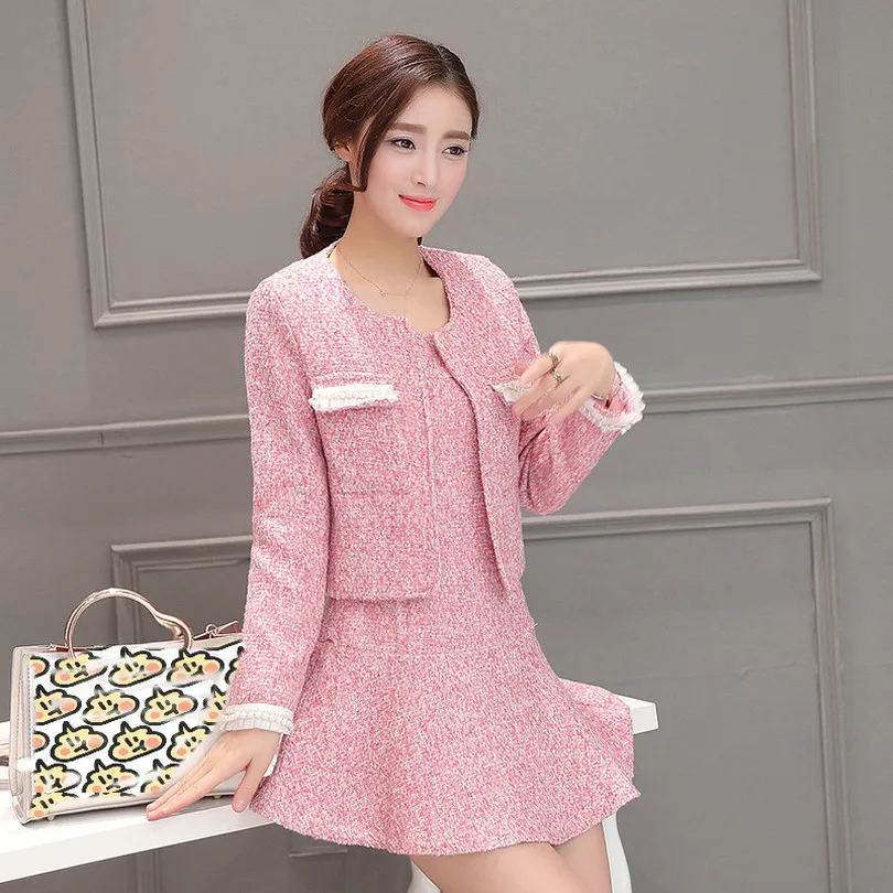 

Taotrees Vintage Pink Tweed 2 Piece Set Female Long Sleeve Short Jacket + Sleeveless Tank Dress Suits