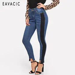 EAVACIC синий Side Striped Повседневное джинсы Для женщин весенние рваные середины талии обтягивающие джинсы женские брюки карандаш джинсы