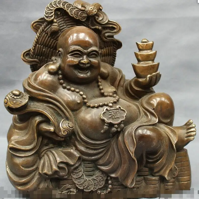 

88006258<<<11" Chinese Bronze YuanBao RuYi Happy Laugh Maitreya Buddha Statue Seat Coin Bag