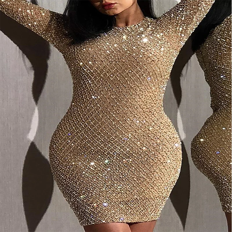Женское вечернее платье блестящее мини с длинным рукавом|Платья| |