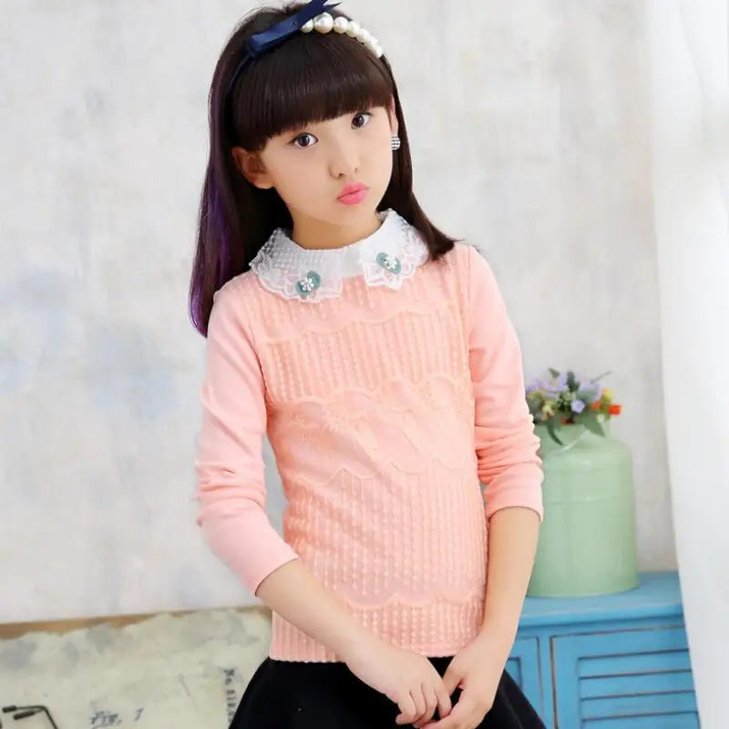 

3-13 Y 2017 Spring Fall Winter Lace Long Sleeve School Girl Blouse Teenage White Girls Tops And Blouses Kids Baby Shirts JW2498