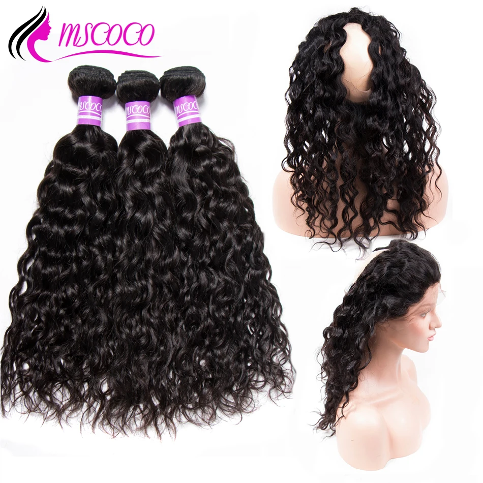 

Mscoco Pre Plucked 360 Lace Frontal With Bundles Water Wave Brazilian Human Hair Weave 3 Bundles With Closure 360 Lace Frontal