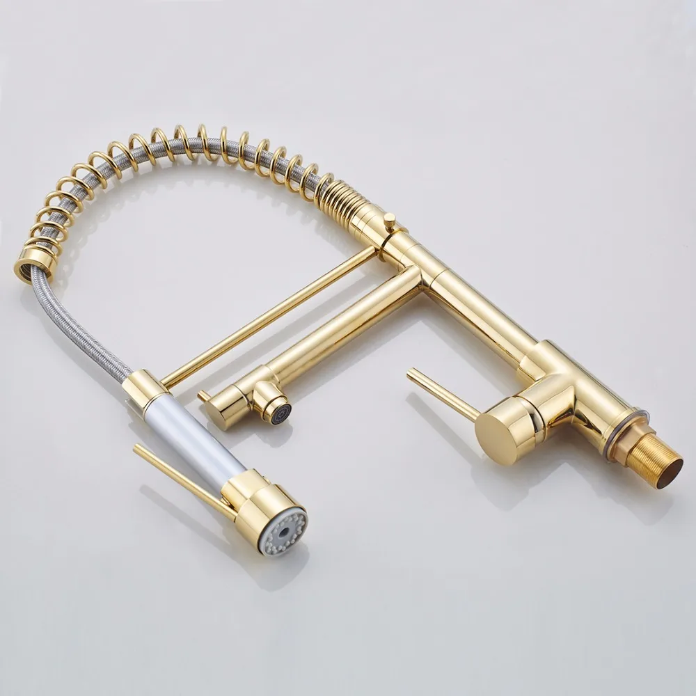  FLG Kitchen Faucet Golden Finish Hand Sprayer Spring Style Single Handle 360 Degree Rotating Cold H - 32775078870