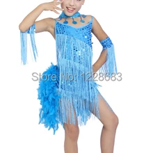 Новое поступление Для детей девочек выступление на сцене конкурс с бахромой платье для танцев с блестками перо латинский бахрома платье