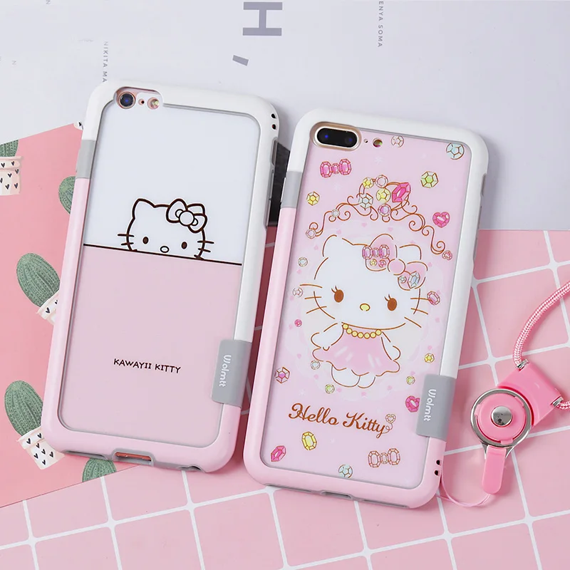 

For iPhone 7 Plus Walnutt Bumper + Front &back Glass screen protector Hello Kitty cartoon For iPhone 6 6S Plus 8 8Plus + strap
