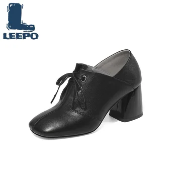 

Women High Heels Shoes Woman Black Genuine Leather Spring Square Toe Shose Ladies Shoes with Heels female Yellow Pumps