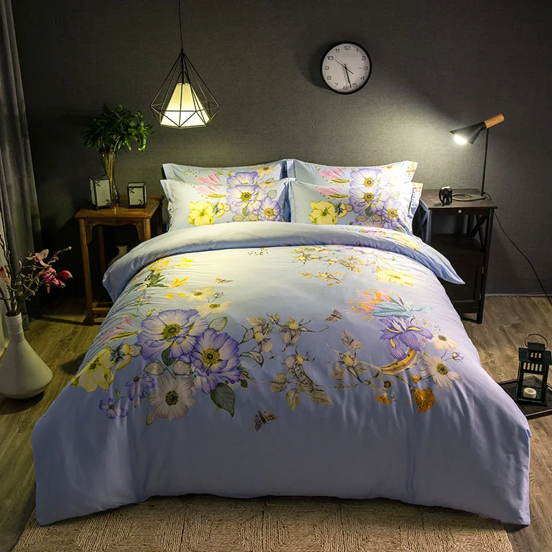 

Light Skyblue Flowers Bedding Set Full Queen King Size Bedspreads Duvet Cover Cotton Woven 600TC Adults Girls Bedroom Decoration