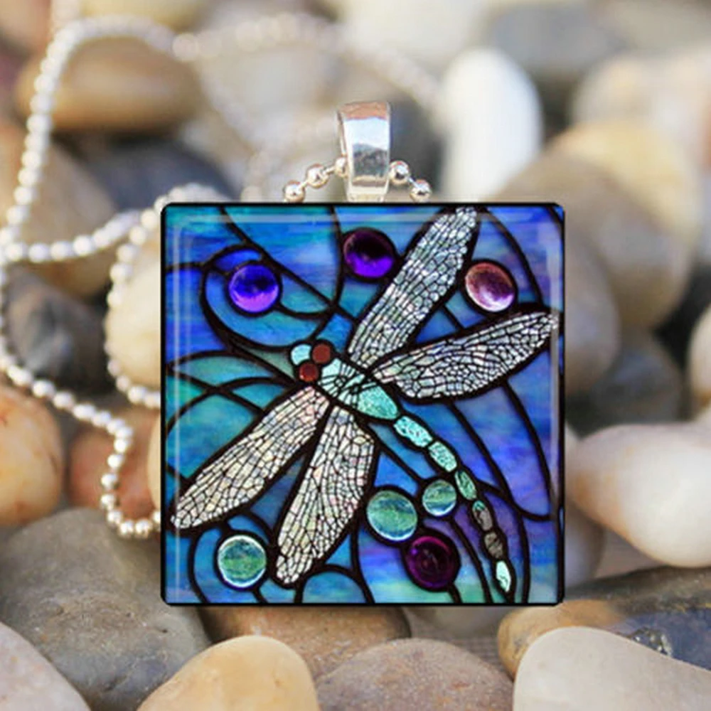 

2019 New Fashion Women Men Kids Mystical BLUE DRAGONFLY Insect Spring Garden Glass Tile Pendant Necklace Jewelry Gifts