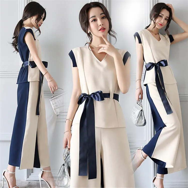 

Wide leg pants suit female 2019 summer new temperament fashion v neck sleeveless Ankle-Length pants two Pieces OL Casual set
