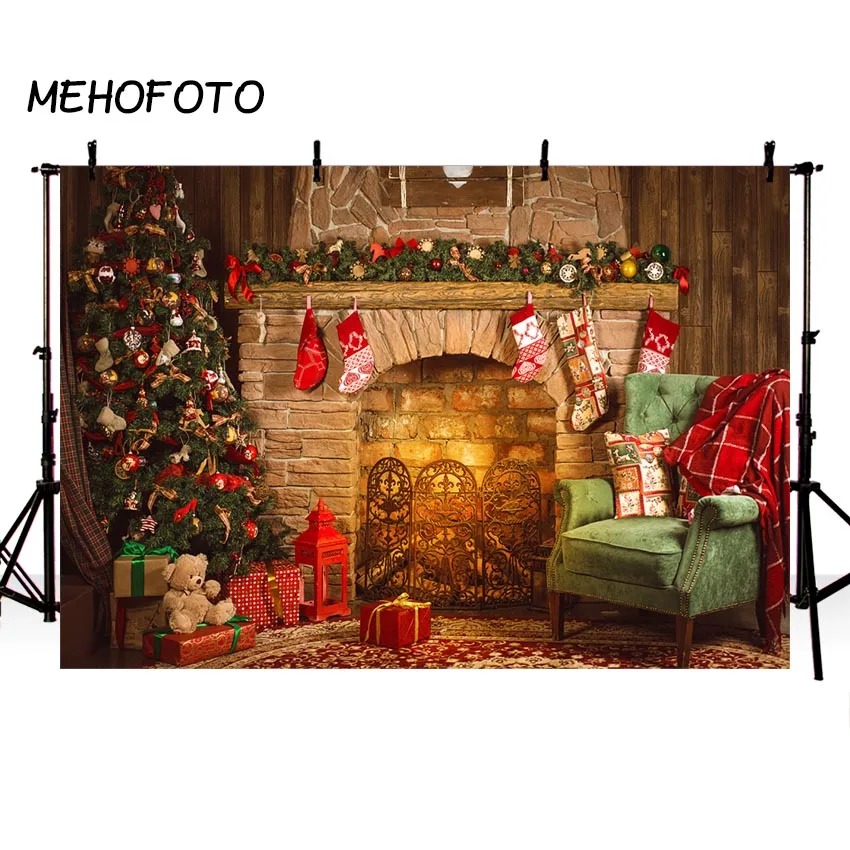 Photography Backdrop Fireplace Christmas Tree Gifts Decoration