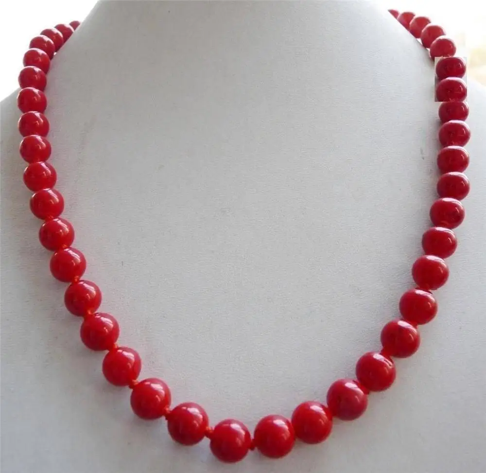 

10mm Red South Sea Coral Round Bead Necklace 18 inch 925silver SOLID CLASP