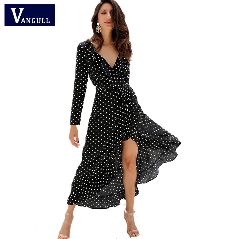 

Vangull Women Ruffle Dress Ladies Elegant Dress Irregular Long Dresses 2019 New Summer Sexy V-neck Long Sleeve Dot Print Dress