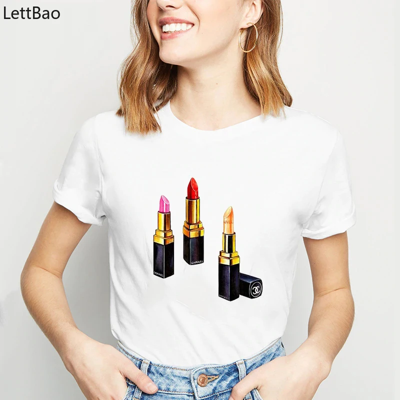 

Karl T Shirt Fashion Poleras Lipstick Print T Shirt Femme Love Tshirt Summer Makeup Luxury Graphic T Shirts Casual Tshirt O-neck