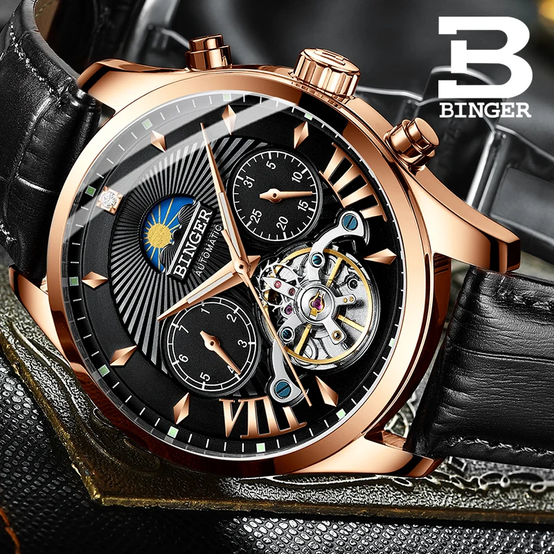 Мужские механические часы BINGER Skeleton Tourbillon Автоматические классические кожаные