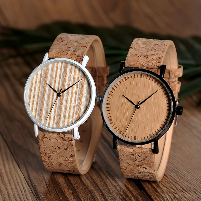 BOBO BIRD E19 Ultra Thin Bamboo Wooden Watches Men Women Simple Quartz Watches Cork Band relojes para mujer