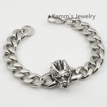 

2015 Dragon Head Punk Hit Hop Mens Silver Stainless Steel Bracelets Cool Biker Jewelry, Gift, Wholesale Free shipping,KB383
