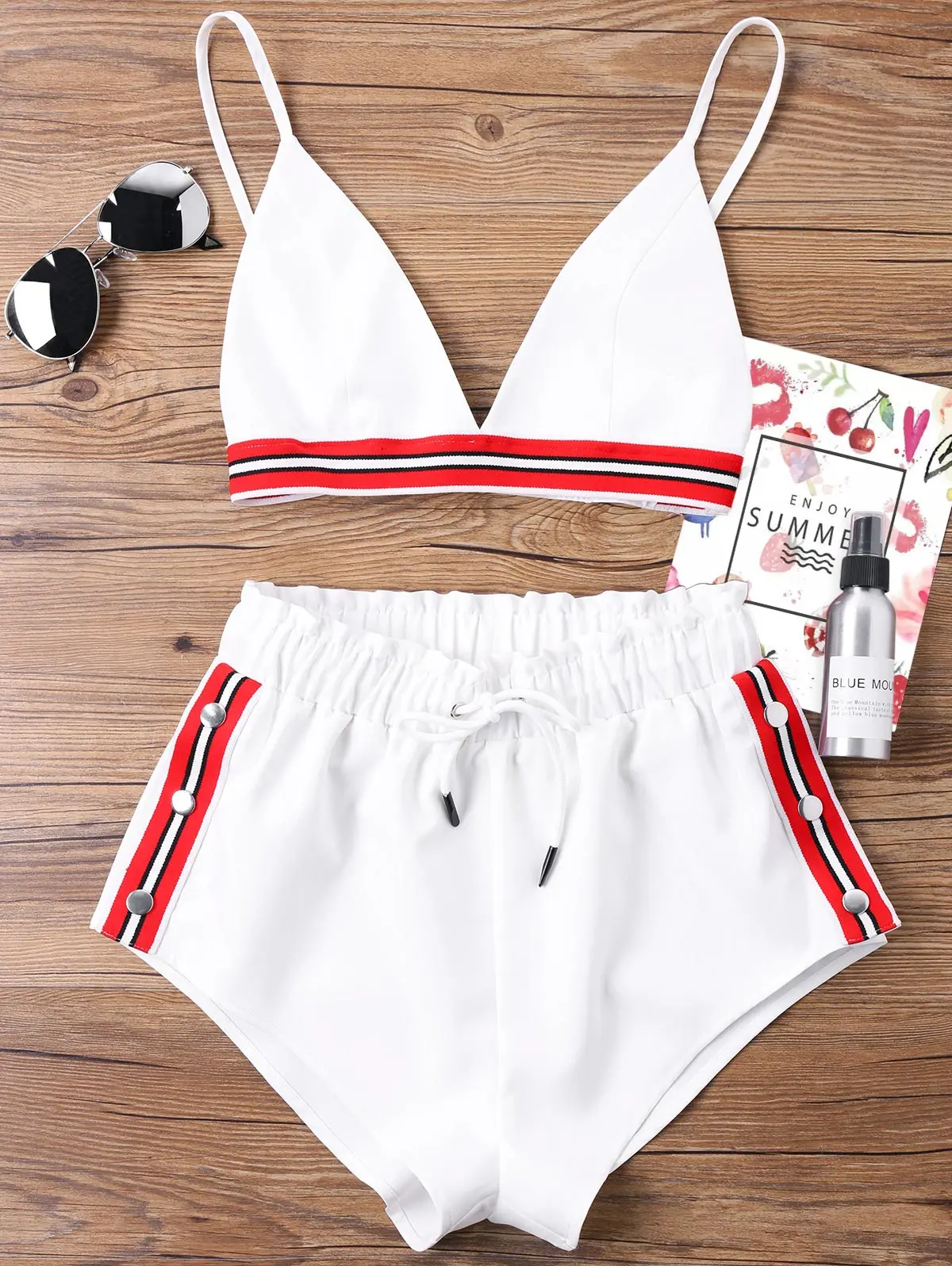 

ZAFUL Bra Color Block Shorts Two Piece Set Striped Open Back High Waist Swimming Suit Spaghetti Straps Drawstring Two Piece Set