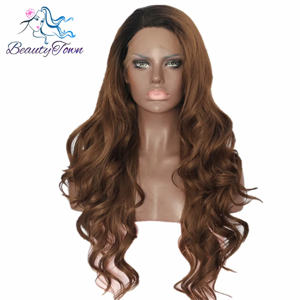 

BeautyTown Black Ombre Brown Color Heat Resistant Hand Tied Cosplay Synthetic Lace Front Party Wigs For Women Masquerade Makeup