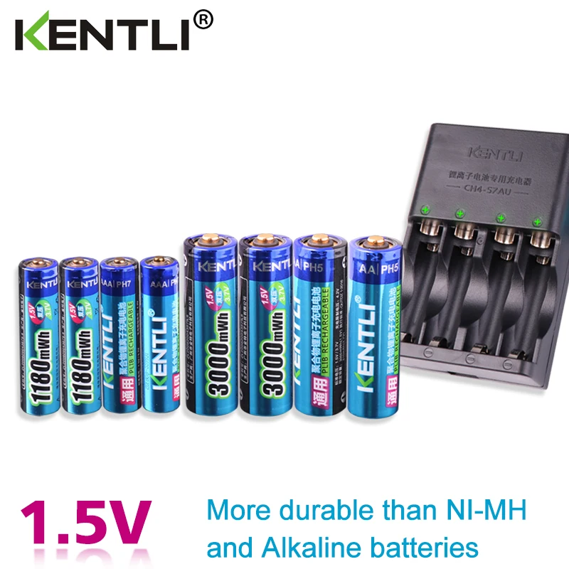 Goede KENTLI 8 pcs 1.5 v aa aaa batterijen Oplaadbare Li polymer Lithium batterij + 4 slots AA AAA lithium li ion Smart Charger