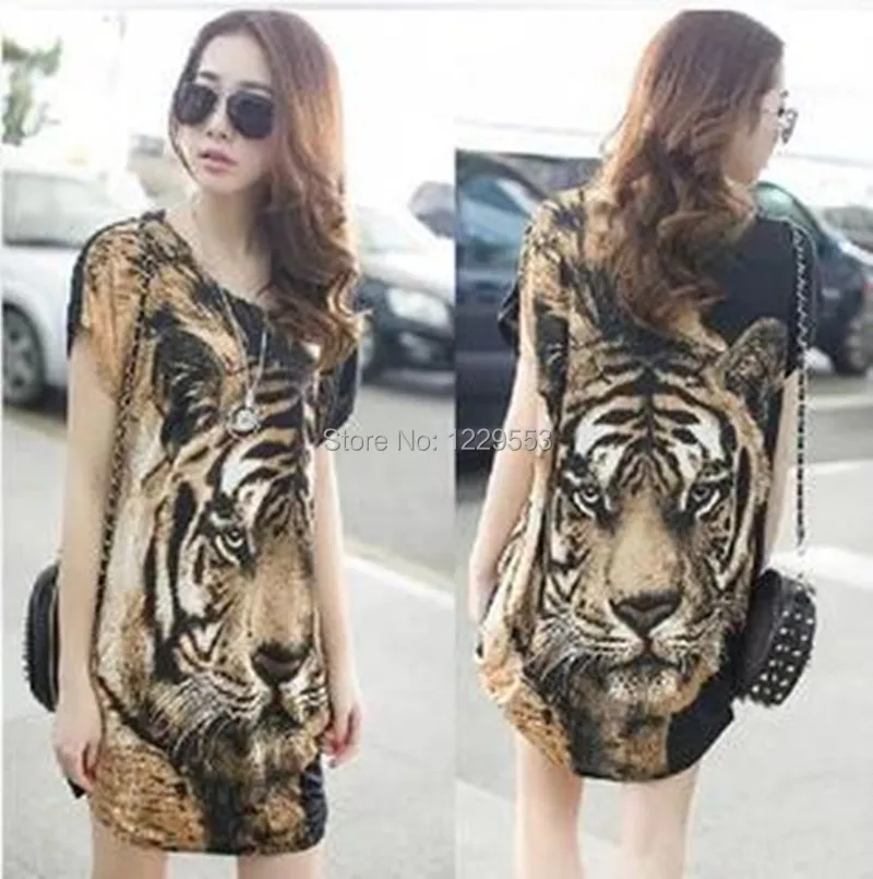Summer 2015 Women Fashion Tiger Print T Shirt Long Tops Blue Eyes