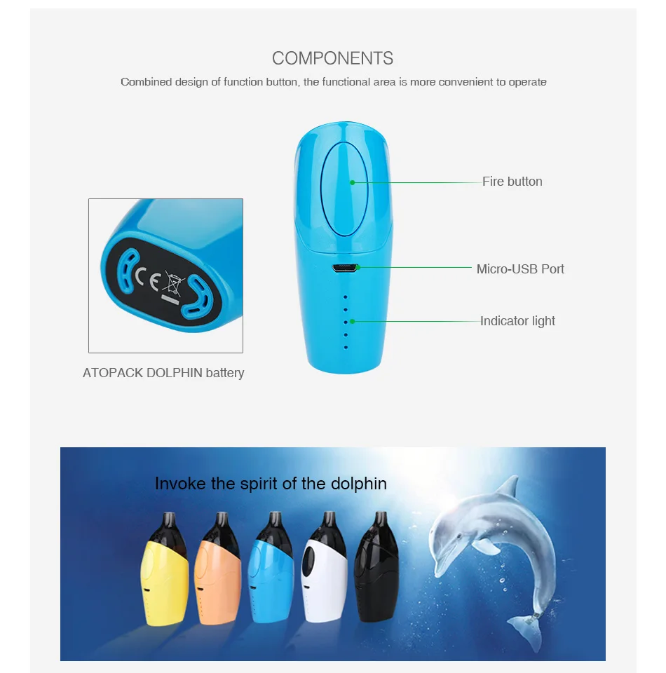 Оригинальная батарея Joyetech Atopack Dolphin, 2100 мА/ч, встроенная зарядка 2А, работает только для аккумулятора Atopack Dolphin/Catridge, аккумулятор Vape