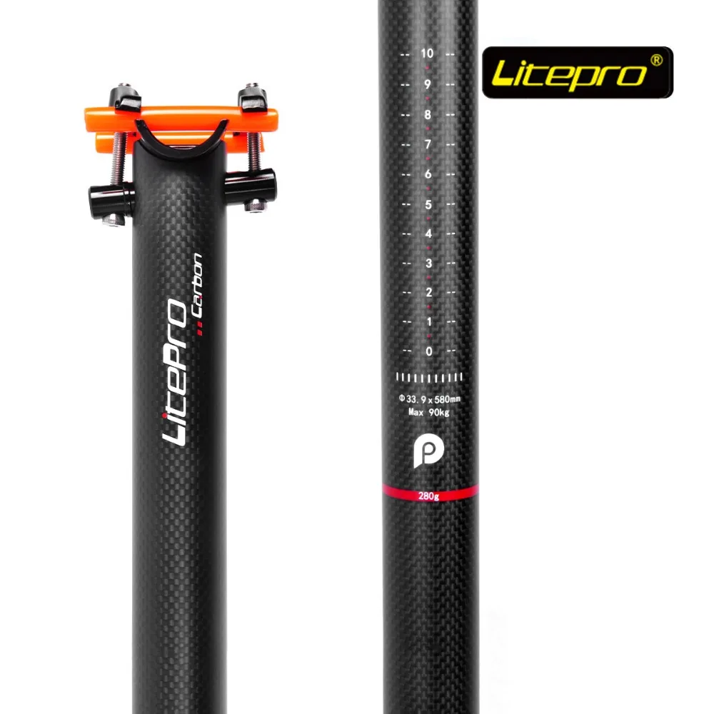 On sale Offer for  Litepro 33.9mm Carbon Fibre Bike Seat Post Ultra Light Seat Post For Folding Bike 580mm Bicycle Par