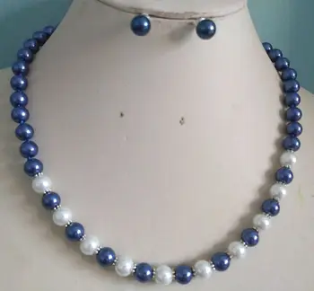 

zxia Hot selling***** 8MM White/dark blue South Sea Shell Pearl necklace earrings set AAA Grade