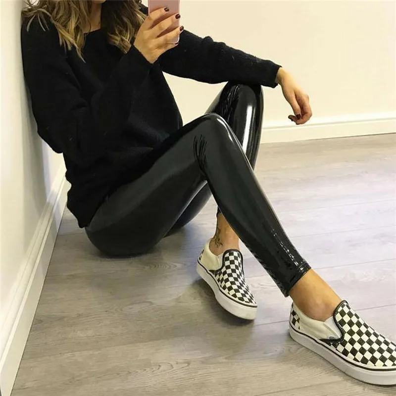 

Sexy Women Gothic Leggings Wet Look PU Leather Leggings Slim Thin Long Pants Ladies Skinny Leggings Stretchy Plus Size Black